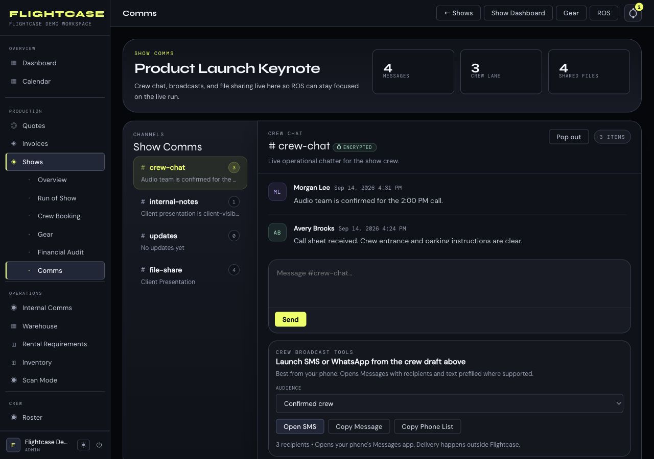 Flightcase project communications with crew messages, shared files, internal notes, and recipients.