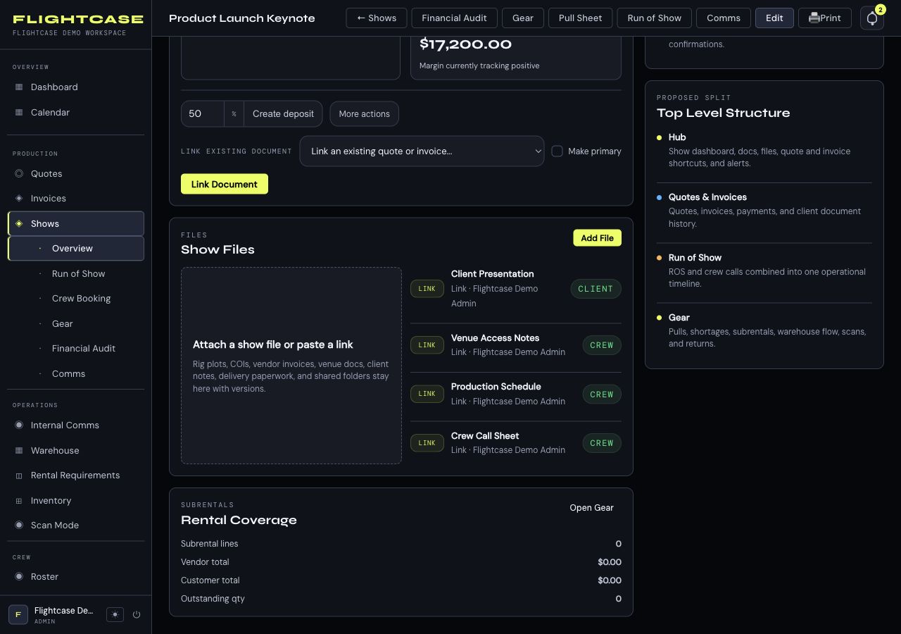 Flightcase show files with clear crew and client audience badges for each event resource.