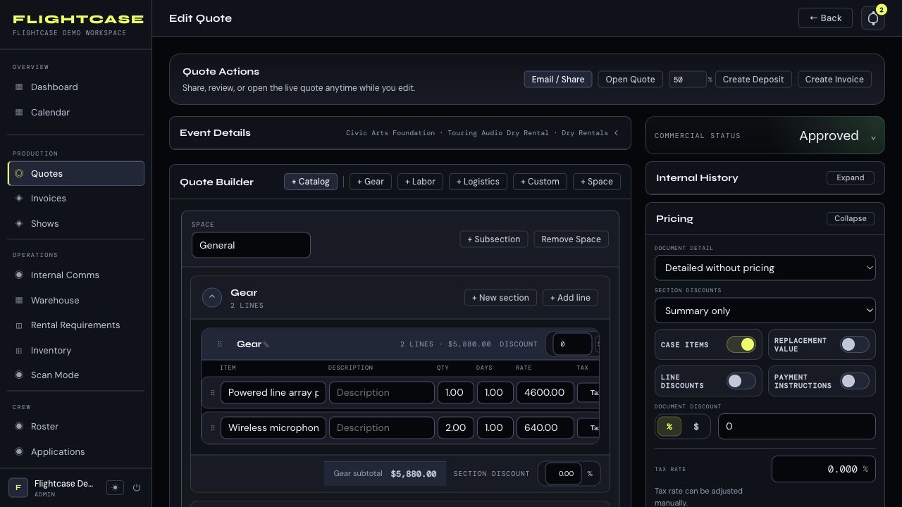 Flightcase quote builder showing equipment, logistics, client details, and quote totals.