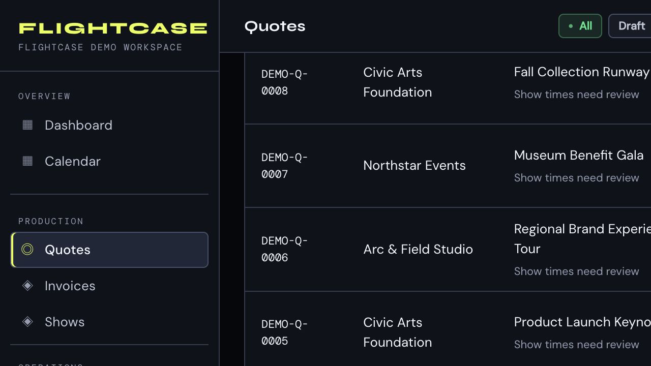 Flightcase quote directory showing fashion, gala, tour, corporate, festival, concert, dry rental, sales, and other quote types.